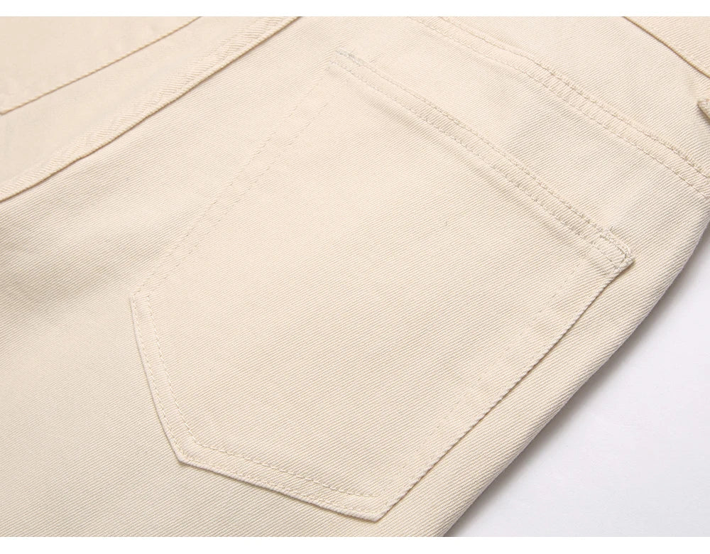 Men's Slim Boot Cut Denim Jeans Streetwear Embroidery Patches Pants Khaki Flared Trousers