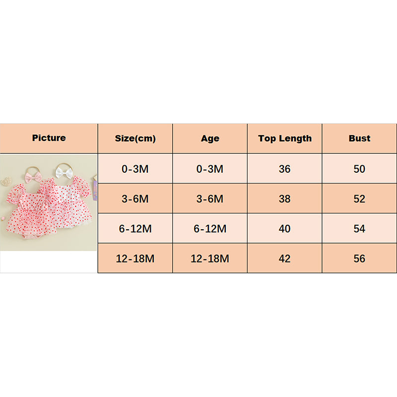2Pcs Newborn Girl Romper Dress Valentine's Day Outfit Short Puff Sleeve Heart Print A-line Rompers with Bowknot Headband Clothes
