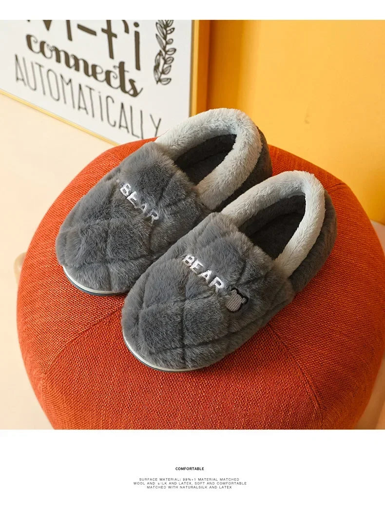Winter Home Slipper Men Cartoon Bear Fuzzy Warm Plush Indoor Floor Male House Room Shoes Footwear Furry Non Slip Large Size 2025