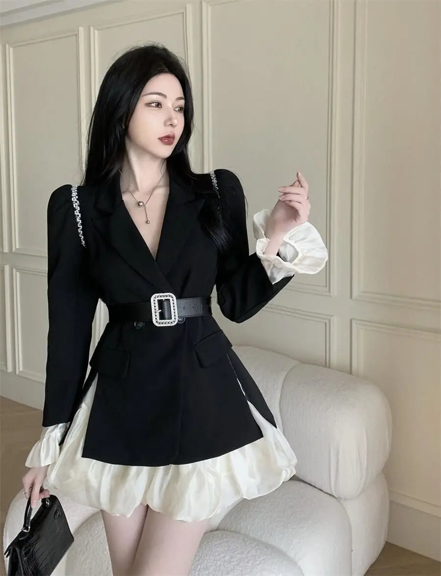 Neploe Temperament Lace Up Waist Slim Dress Sets High Waist Ruffle Edge Patched Sleeves Ropa Mujer Sexy Feminino Chic Women Sets