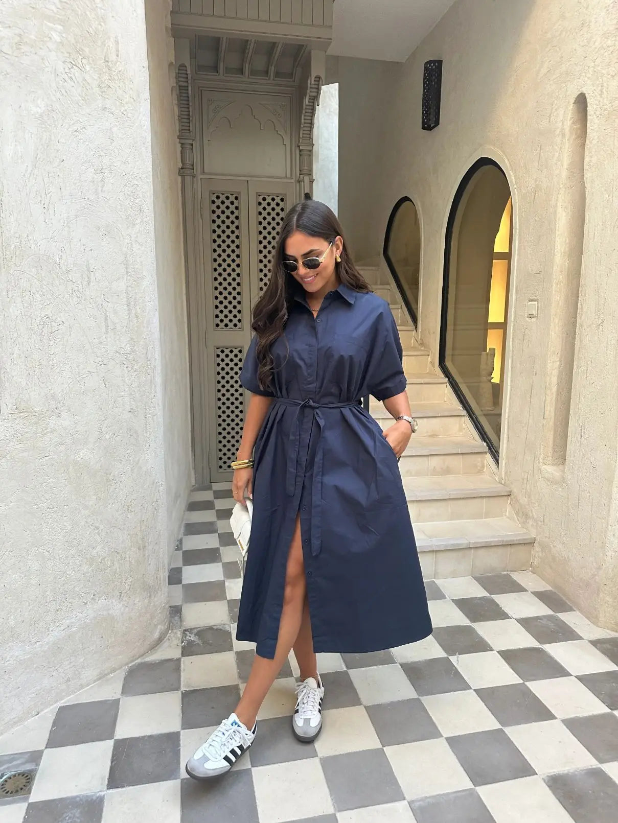 Fashion Commuter Long Skirt Office Elegant Lapel Shirt Dress Women Casual Elegant Single-breasted Short-sleeved Party Dress