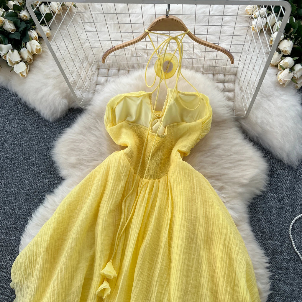 Elegant Sweet High Waist Hollow Out Asymmetric Three-dimensional Flower Halter Dress Vacation Slim Women Party Summer Dresses