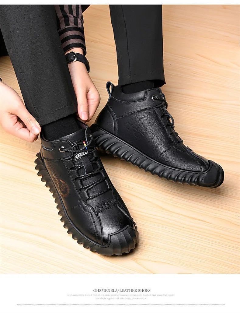 CINESSD New Warm Winter Velvet Men's Snow Boots Non-slip Men's Leather Boots Thick Bottom Dad Shoes