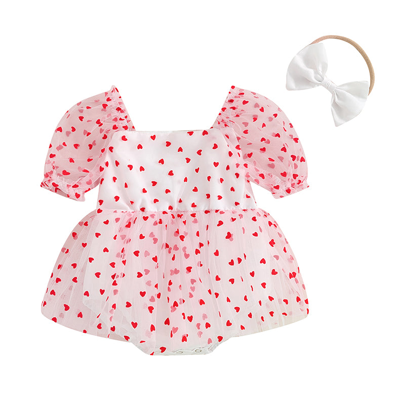 2Pcs Newborn Girl Romper Dress Valentine's Day Outfit Short Puff Sleeve Heart Print A-line Rompers with Bowknot Headband Clothes