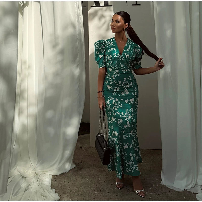 Elegant Printed Maxi Dress Women Half Sleeve V-Neck Button Waist-Closed Hip Package Ruffle Dresses 2026 Spring Summer Lady Robe