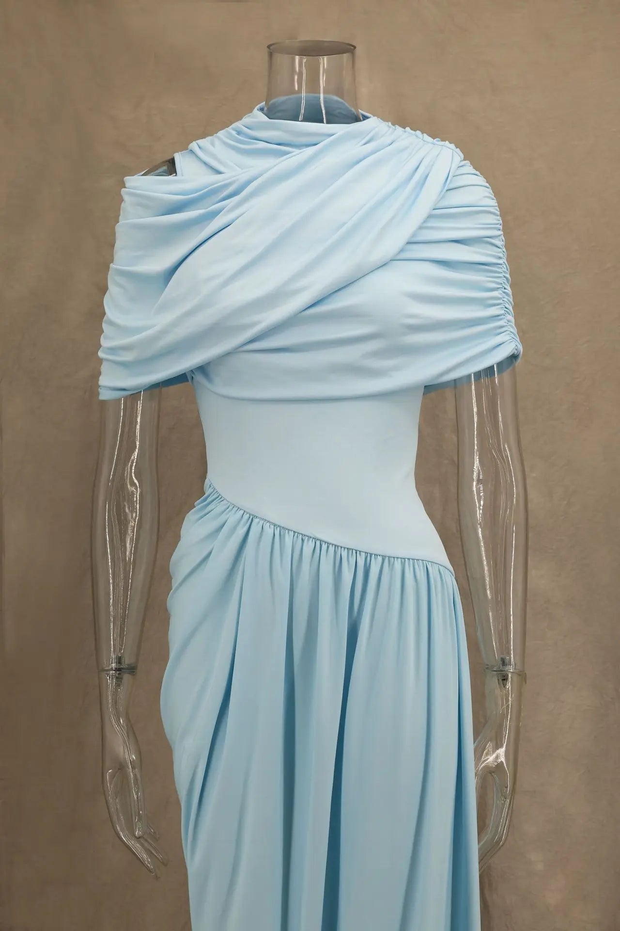 Elegant Shawl Ruched Asymmetrical Maxi Women Dress Summer Light Blue Slim Light Blue Party Dress Female Chic Evening Prom Gowns