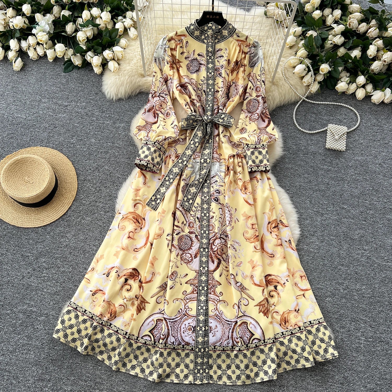 Elegant Long Sleeves Vintage Stand Collar Chic Single Breasted Print Bandage Slim Long Dress High Street Autumn Winter Clothing