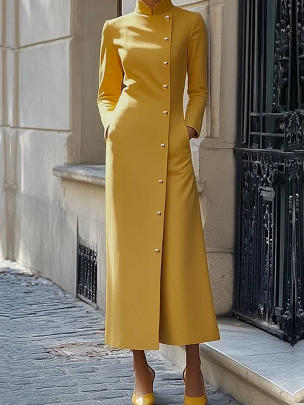 Solid Color Dress for Women 2025 Stand Collar Long Sleeves Single-breasted H-Line Midi Dress Autumn Fashion High Street Dress