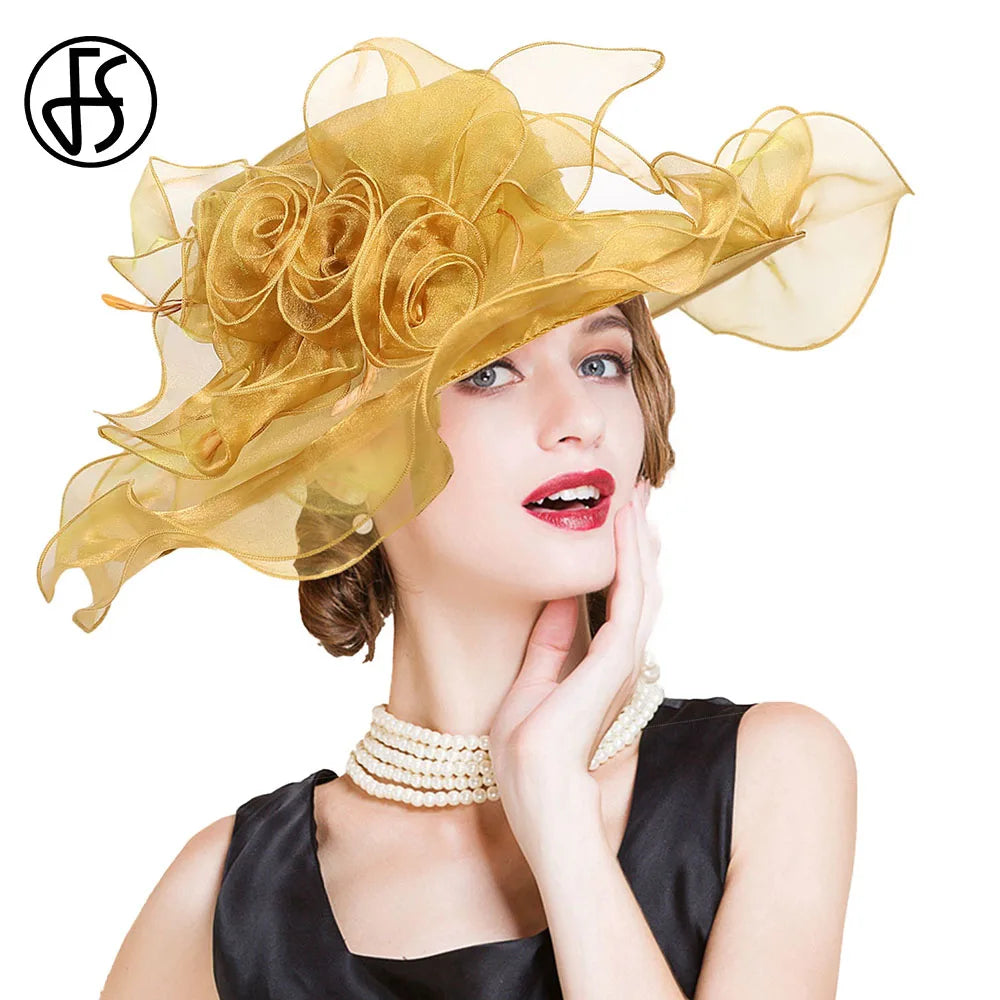 FS Wide Brim Kentucky Derby Hats Fascinators For Women With Veil Flower Organza Wedding Church Cocktail Tea Party Dress Cap 2025