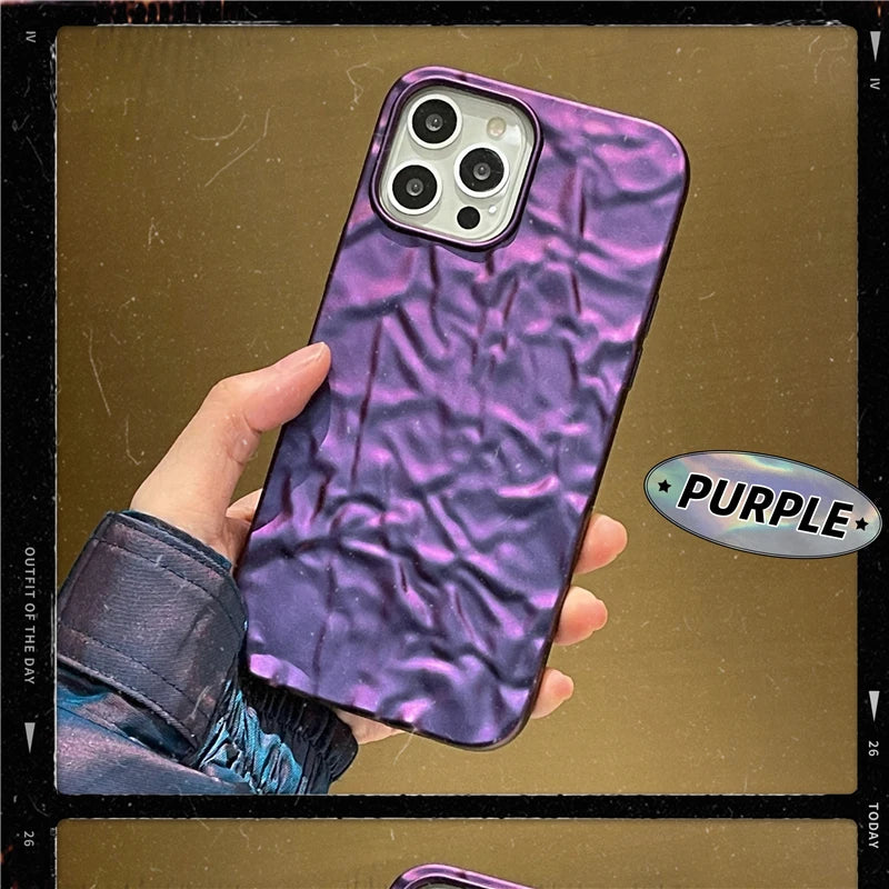 Plating Metal Color Silver Tin Foil Pleats Case For iPhone 14 13 12 11 15 16 17 Pro Max Air Mini XS XR Plus Silicone Phone Case