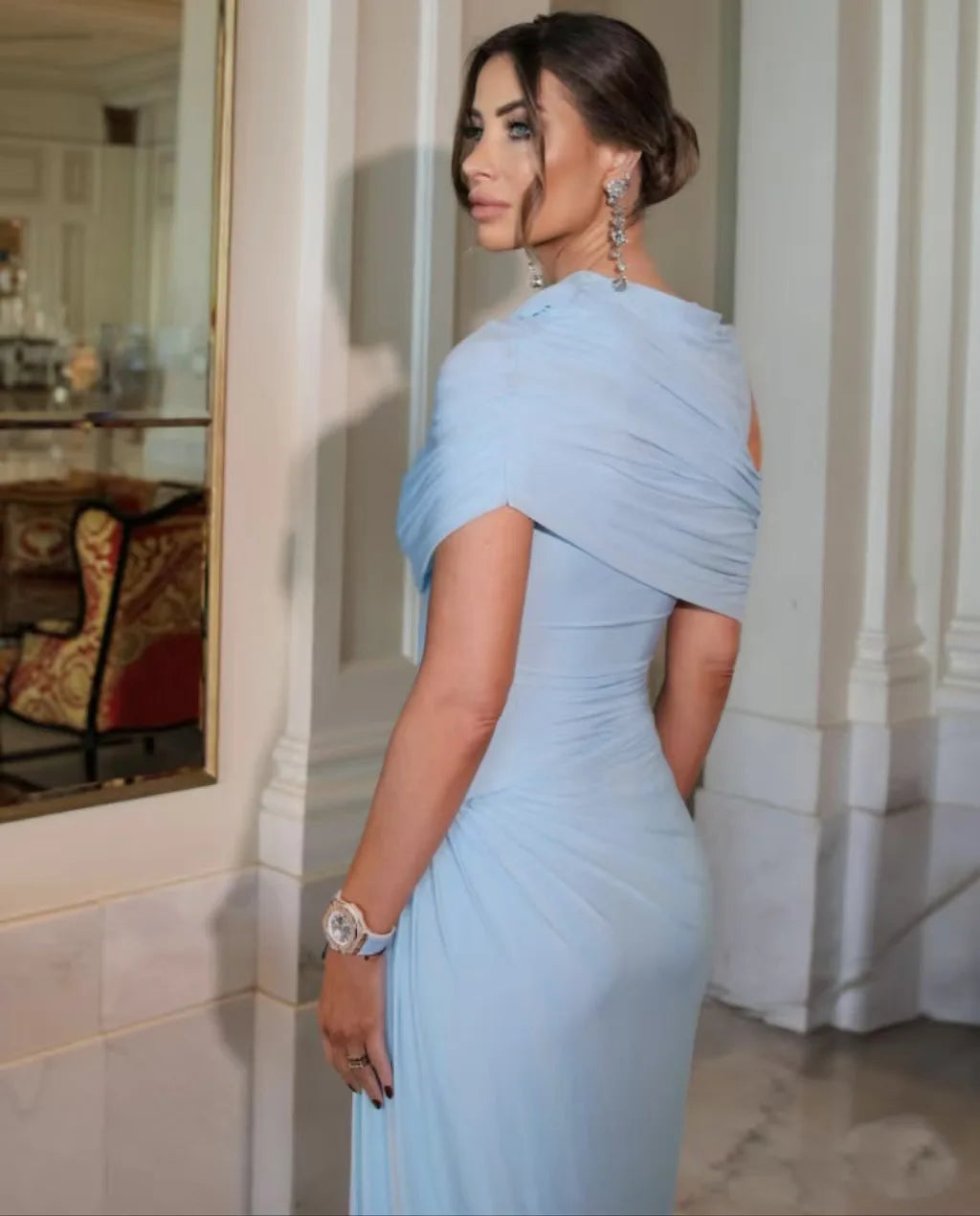 Elegant Shawl Ruched Asymmetrical Maxi Women Dress Summer Light Blue Slim Light Blue Party Dress Female Chic Evening Prom Gowns