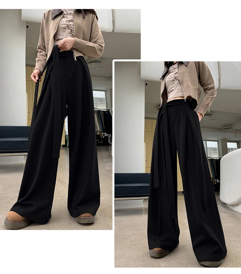 MEXZT Woolen Wide Leg Pants Women Fashion Lace Up Black Baggy Suit Pants Winter Streetwear Korean Casual Straight Trousers New