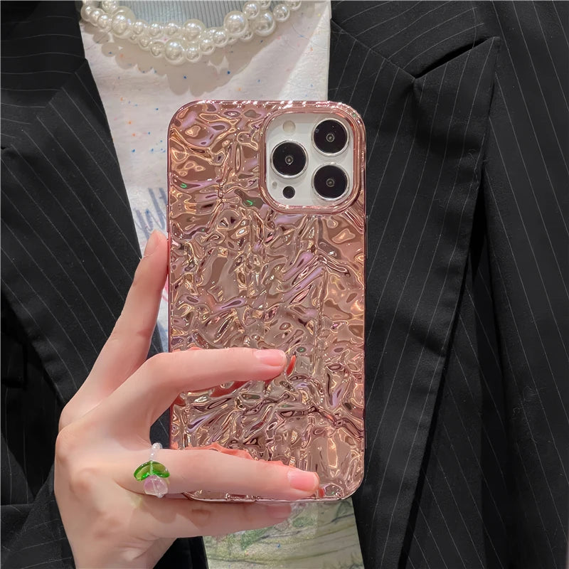 Plating Metal Color Silver Tin Foil Pleats Case For iPhone 14 13 12 11 15 16 17 Pro Max Air Mini XS XR Plus Silicone Phone Case