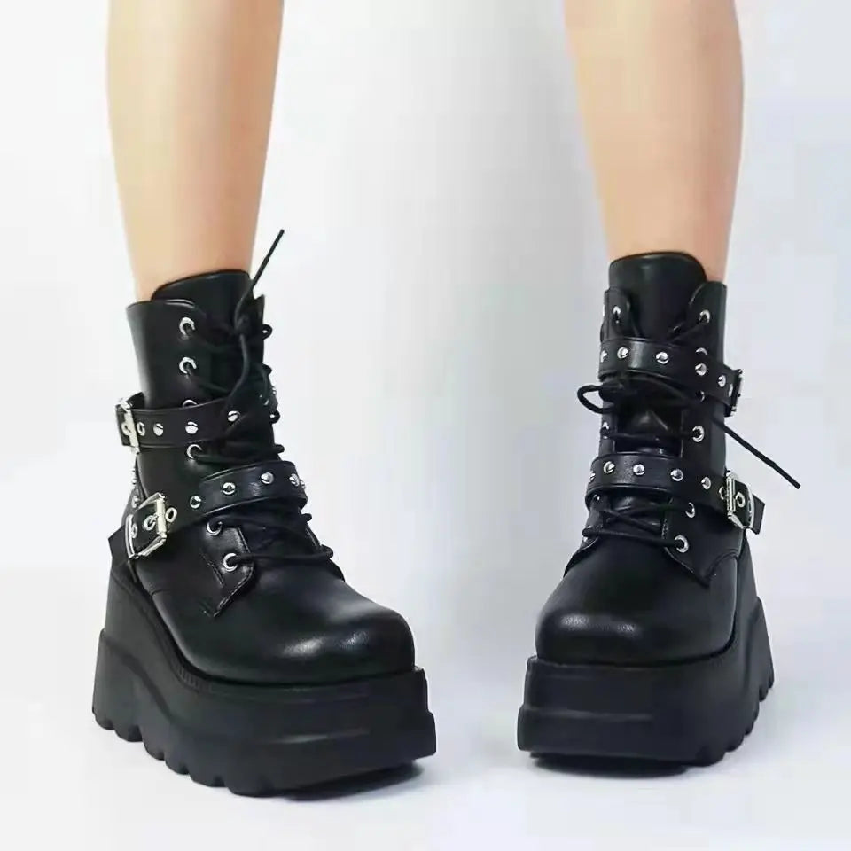 2025 Ankle Boots Platform Wedge Super High Heel Gothic Metal Heart Female Pumps Autumn Ladies Belt Round Toe Lolita Punk Shoe