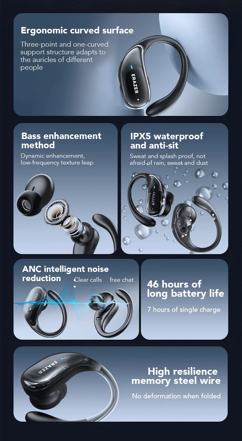 ERAZER XT80pro TWS AI Bluetooth Earphones Sports Wireless Headphones Touch Control Earhooks Headsets Active Noise Cancellation