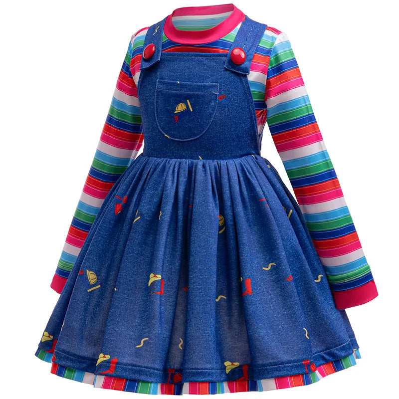 Girls' Long sleeved Rainbow stripes Denim overalls Dress jumpsuit Children's Casual two-piece Set Halloween cosplay Skirt 1-8