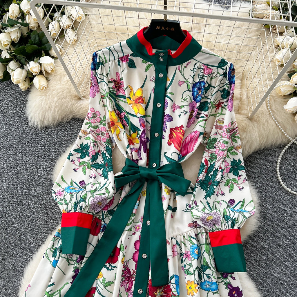 Elegant Long Sleeves Vintage Stand Collar Chic Single Breasted Print Bandage Slim Long Dress High Street Autumn Winter Clothing