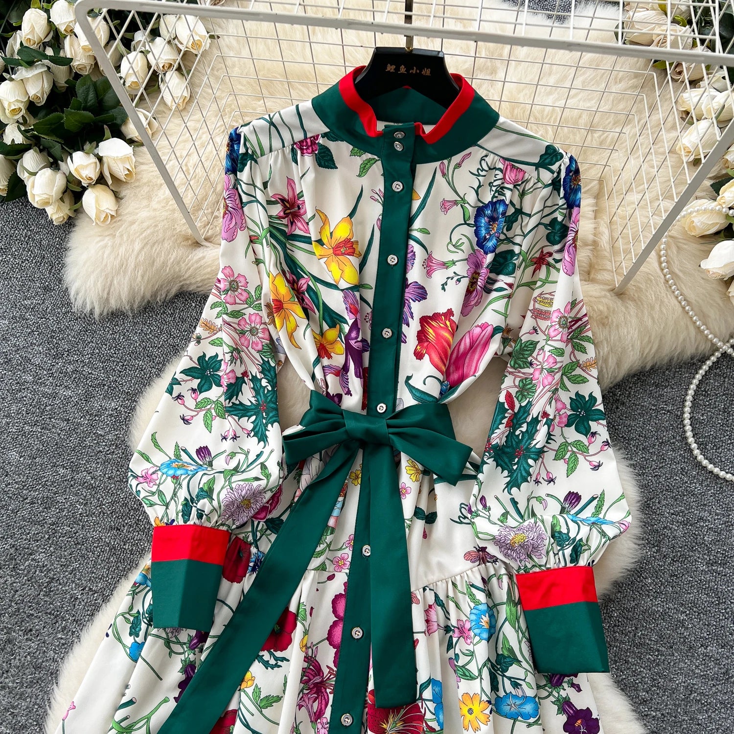 Elegant Long Sleeves Vintage Stand Collar Chic Single Breasted Print Bandage Slim Long Dress High Street Autumn Winter Clothing