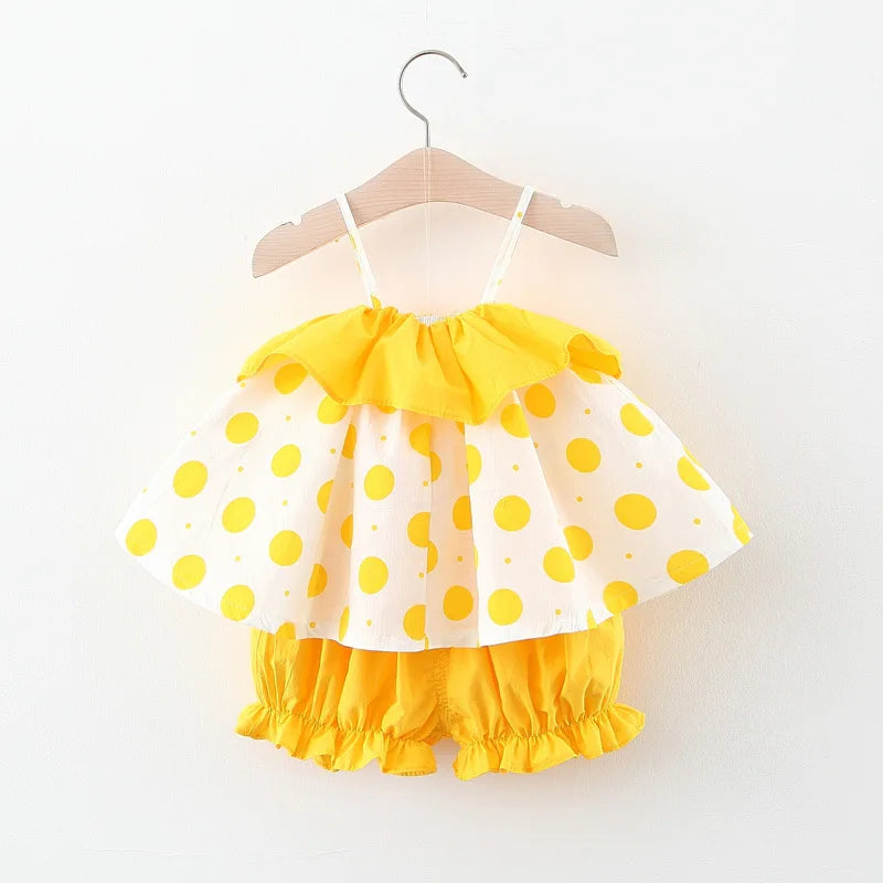 New Two-Piece Halter Strawberry Print Polka Dot Bloomers For Baby Girls Casual Summer Two-Piece Sweet Princess Dress