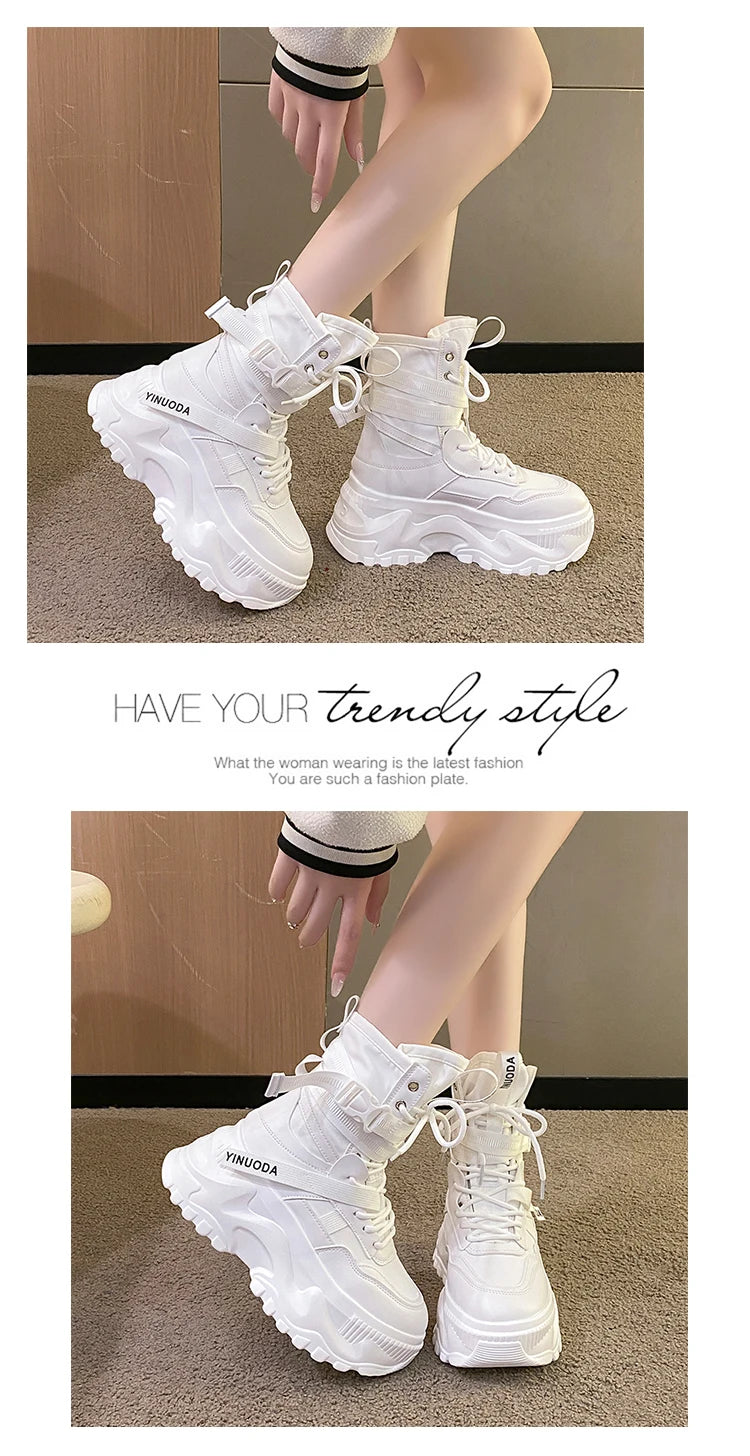 Women Ankle Boots Autumn Leather Chunky Shoes Woman High Platform Breathable Sneakers 8CM Thick Sole Wedges Motorcycles Boots