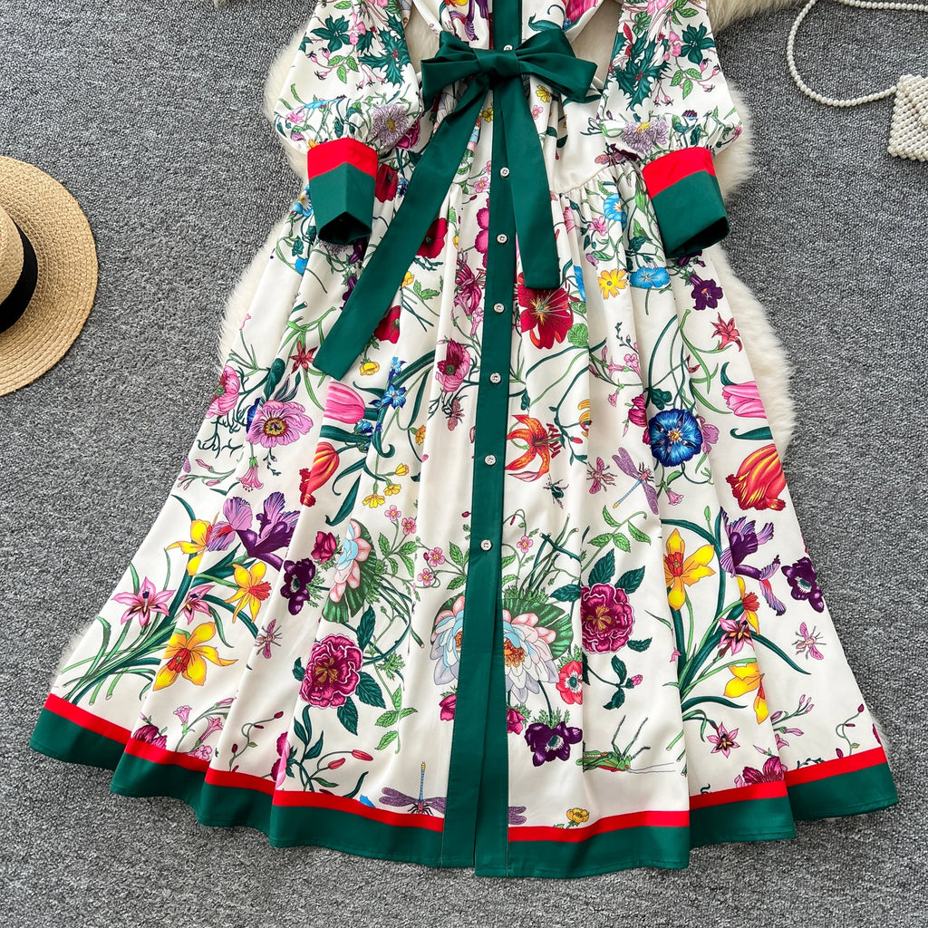 Elegant Long Sleeves Vintage Stand Collar Chic Single Breasted Print Bandage Slim Long Dress High Street Autumn Winter Clothing