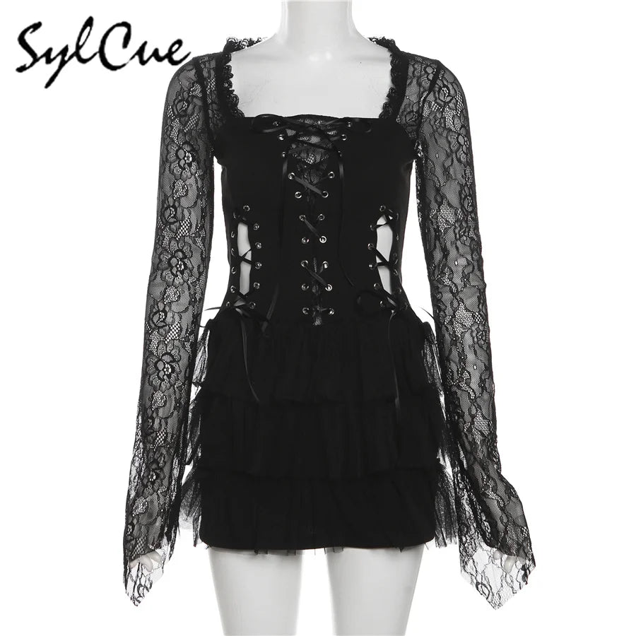 Nibber Black Retro Mysterious Lace Sexy Mature Beautiful Sweet Gentle Personality Women Drawstring Laminated Ruffled Tutu Dress