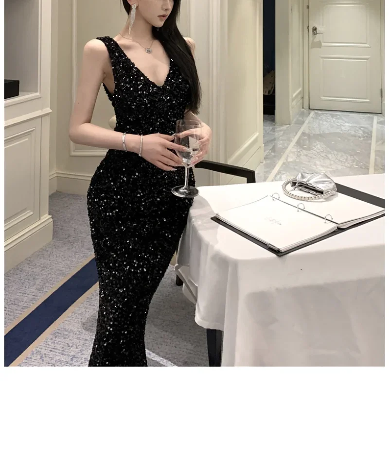 Heavy Industry Sequin V-neck Sling Dress Women's Autumn Slim Dress Temperament Fishtail Hip-wrapped Long Dresses