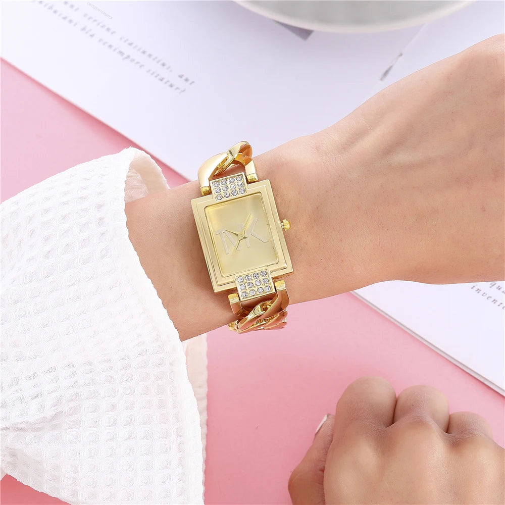 Luxury Gold Ladies Brand Watch Fashion Square With Diamonds Simple Women Quartz Watches Stainless Steel Strap Dress Clock