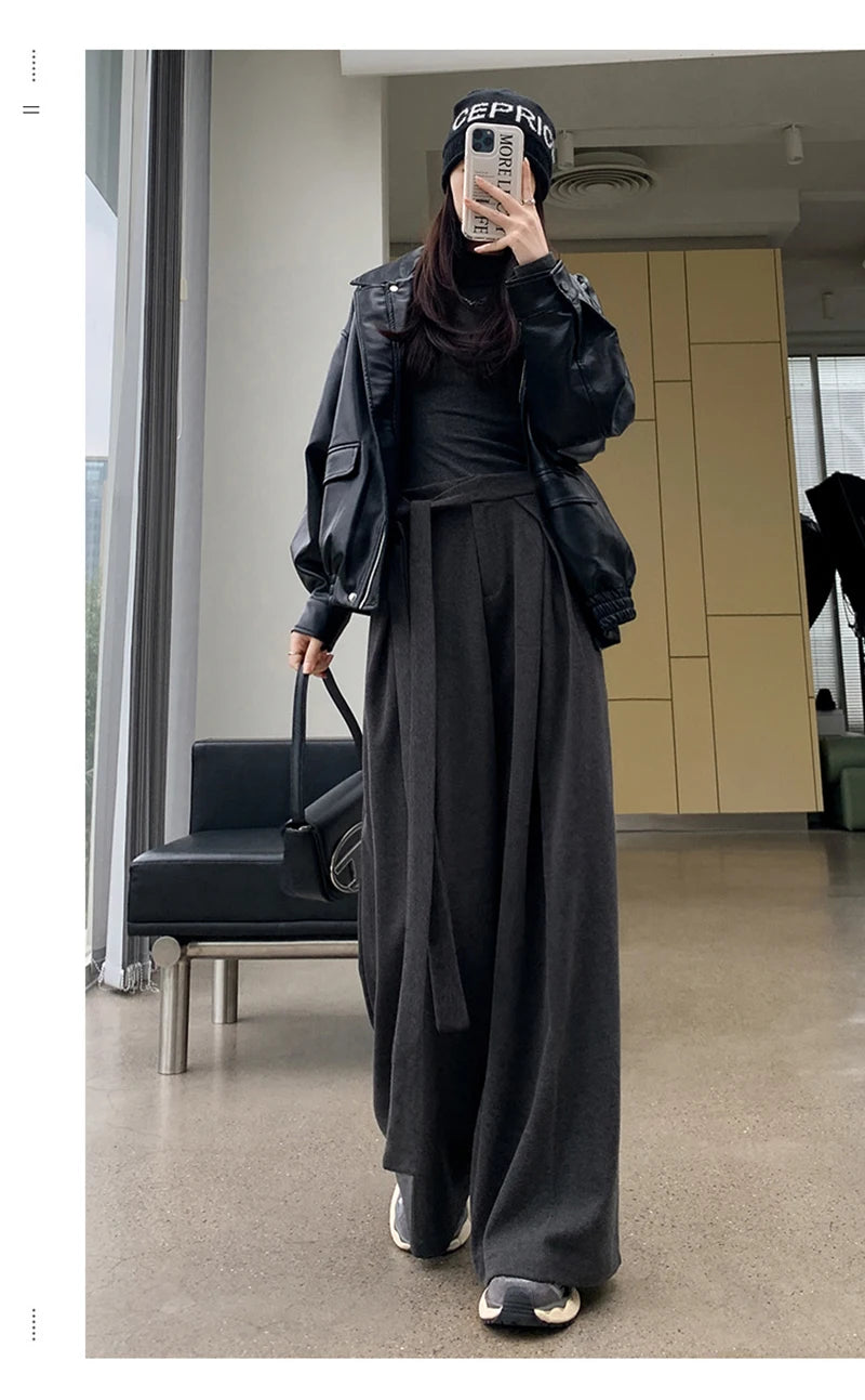 MEXZT Woolen Wide Leg Pants Women Fashion Lace Up Black Baggy Suit Pants Winter Streetwear Korean Casual Straight Trousers New