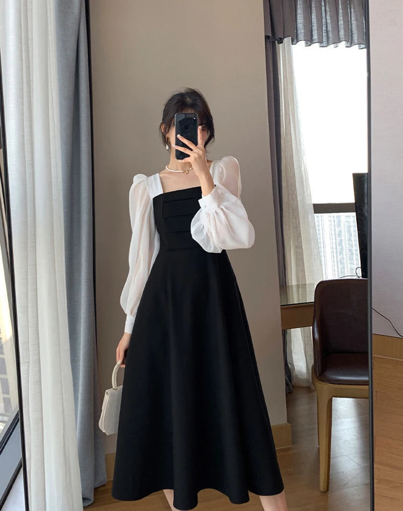 Korean Black Dress Women Elegant Fashion Summer Office Ladies High Waist Dress Chiffon Patchwork Square Collar A Line Vestidos