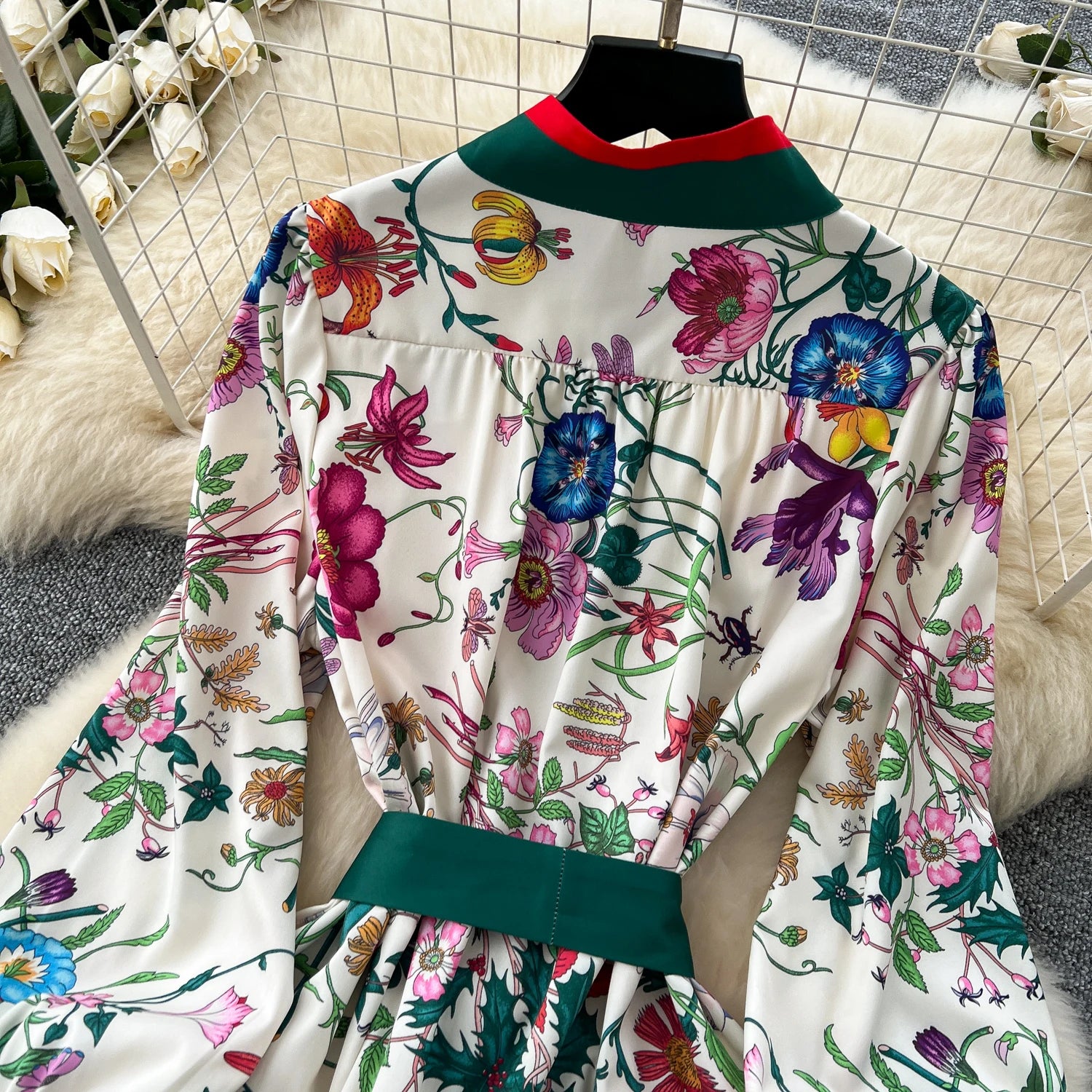 Elegant Long Sleeves Vintage Stand Collar Chic Single Breasted Print Bandage Slim Long Dress High Street Autumn Winter Clothing