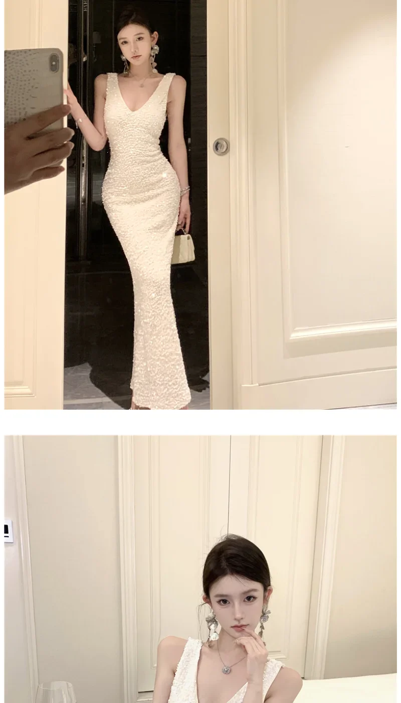 Heavy Industry Sequin V-neck Sling Dress Women's Autumn Slim Dress Temperament Fishtail Hip-wrapped Long Dresses
