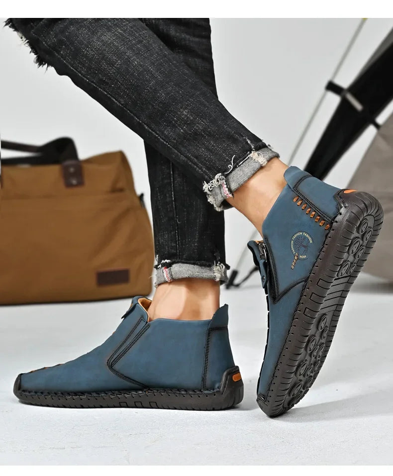 Men Boots Handmade Casual Ankle Boats for Man Male Hombres Walking Shoe Breathable Hombres Leather Wide Upright Zipper Shoes