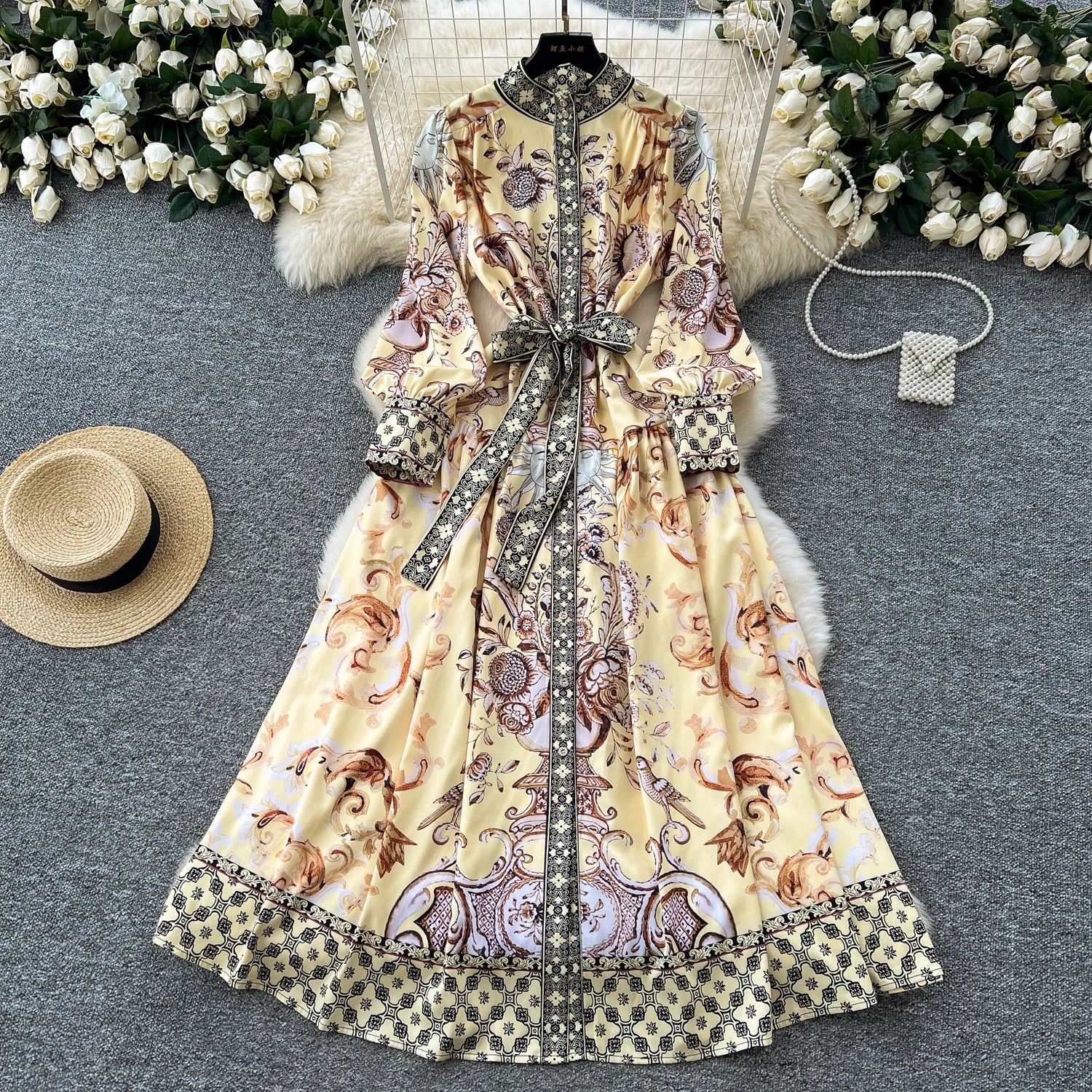 Elegant Long Sleeves Vintage Stand Collar Chic Single Breasted Print Bandage Slim Long Dress High Street Autumn Winter Clothing