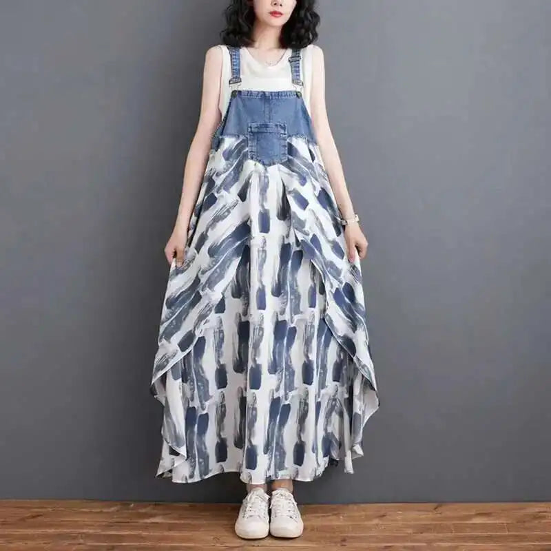 [EWQ] Sweet Women's Denim Dress Patchwork Contrasting Print Design Big Zise Casual Clothing Beautiful Sing Dresses 16O1075