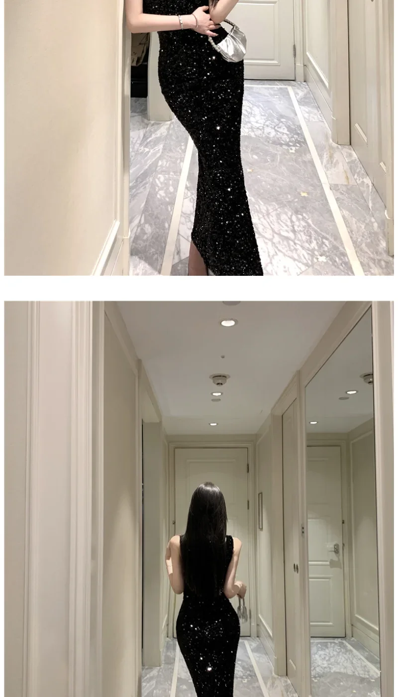 Heavy Industry Sequin V-neck Sling Dress Women's Autumn Slim Dress Temperament Fishtail Hip-wrapped Long Dresses