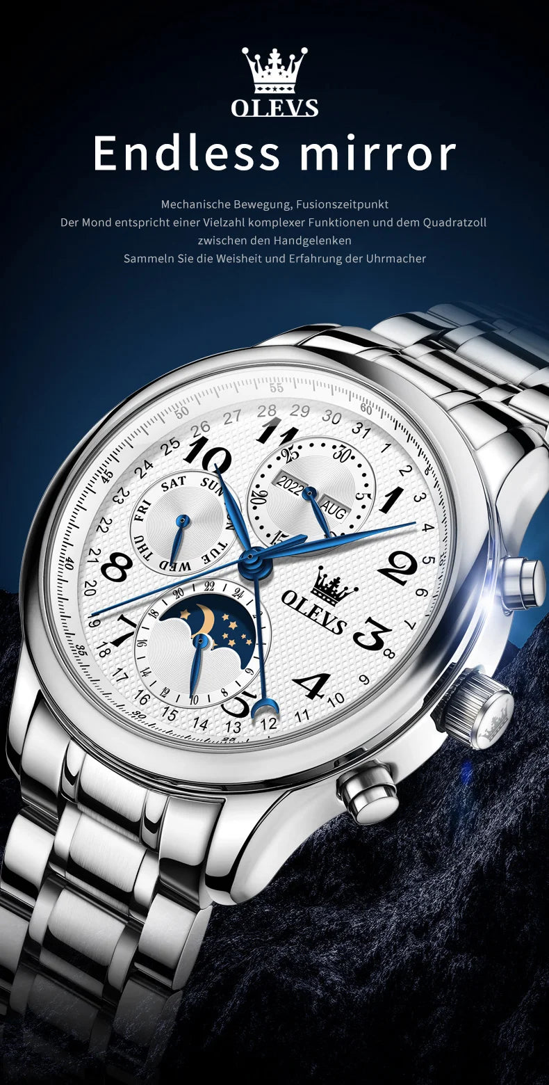 OLEVS Top Brand Luxury Automatic Mechanical Men Watches Moon Phase Steel Dress Fashion Business Waterproof Watch Reloj Hombre