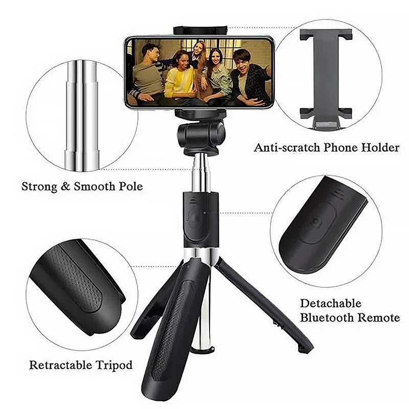 Portable Bluetooth Selfie Stick Mobile Tripod Holder with Remote Shutter Extendable Wireless Remote Retractable Phone Stand