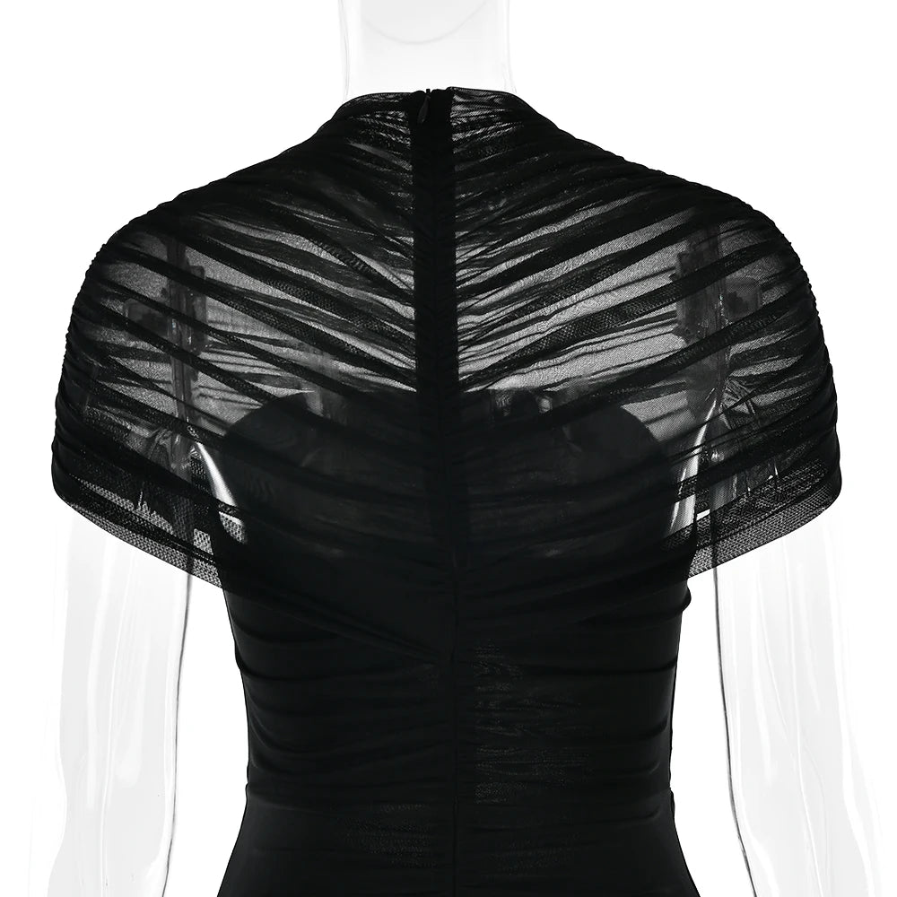 JULISSA MO Sexy Hollow Out Turtleneck Women Maxi Dress Coffee Short Sleeve See Through Mesh Bodycon Elegant Party Evening Dress