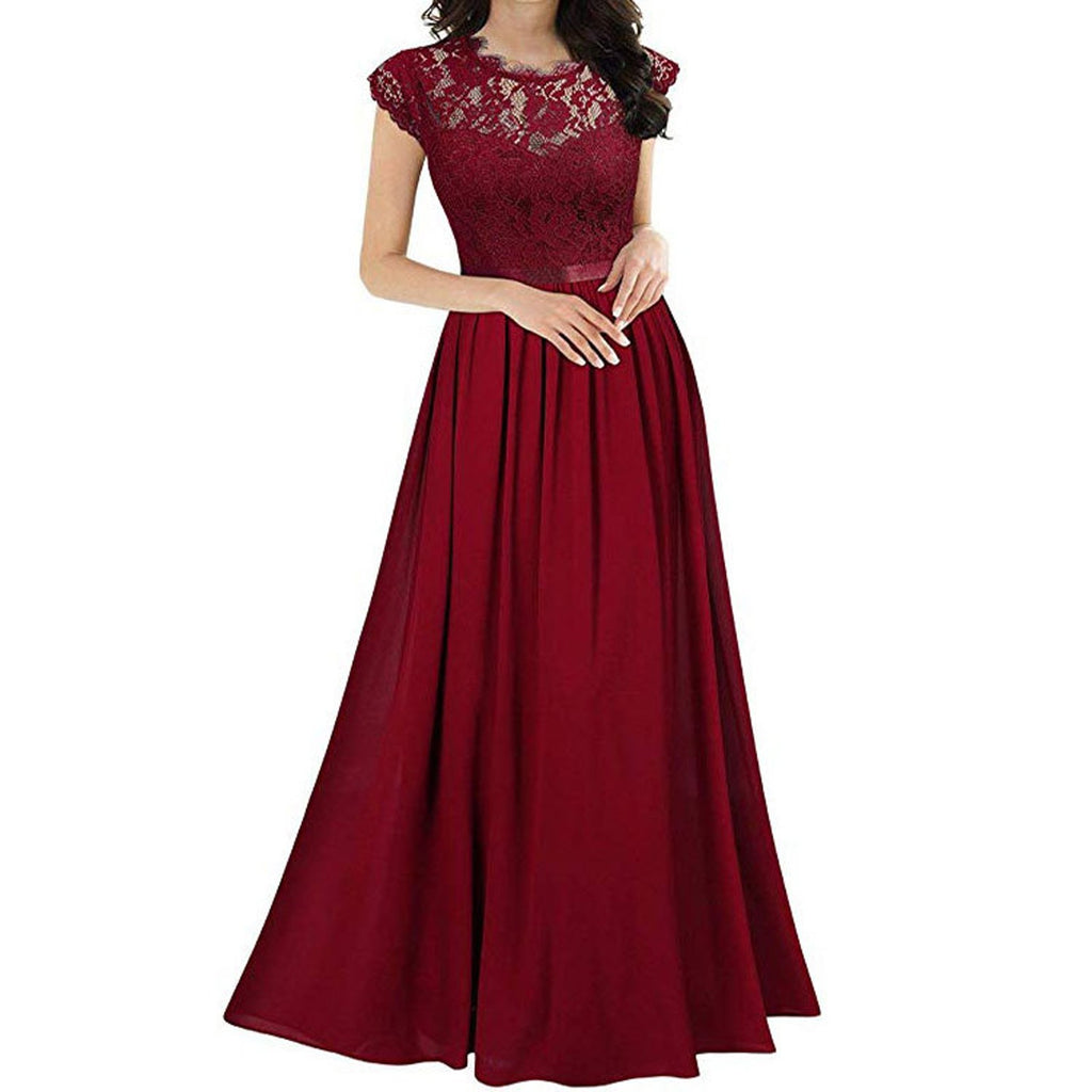 Elegant Lace Evening Party Dress Women V-neck Short Sleeve Chiffon Dress Ladies Big Swing Wedding Long Dress Vestidos de Festa