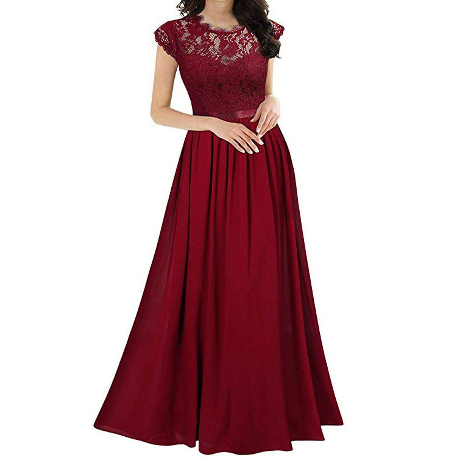 Elegant Lace Evening Party Dress Women V-neck Short Sleeve Chiffon Dress Ladies Big Swing Wedding Long Dress Vestidos de Festa
