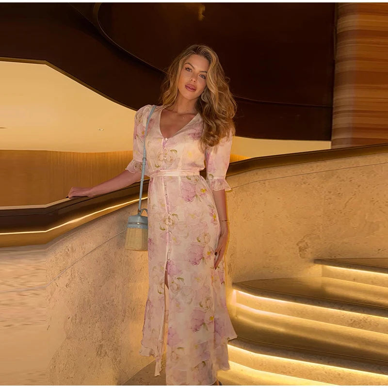 Elegant Printed Maxi Dress Women Half Sleeve V-Neck Button Waist-Closed Hip Package Ruffle Dresses 2026 Spring Summer Lady Robe