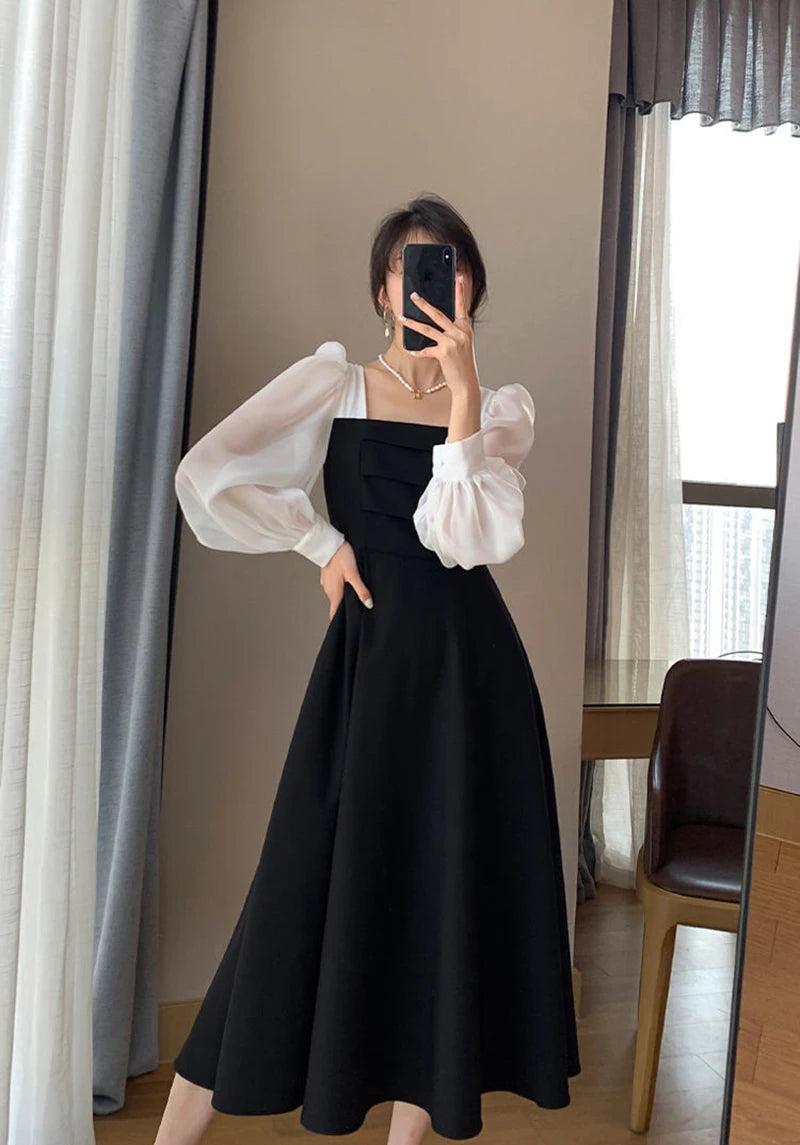Korean Black Dress Women Elegant Fashion Summer Office Ladies High Waist Dress Chiffon Patchwork Square Collar A Line Vestidos
