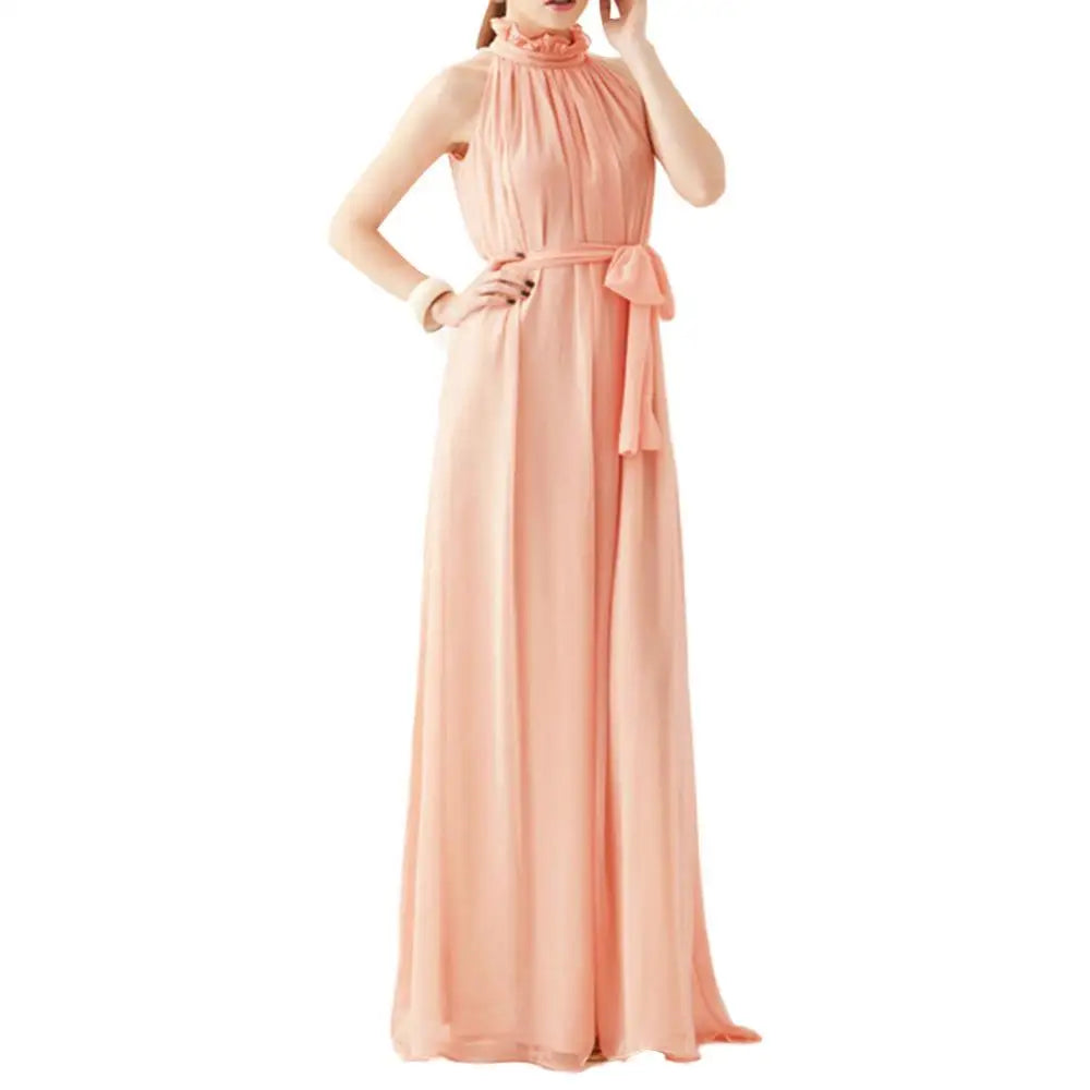 Evening Party Dress Solid Color Ruffled Collar Women Sleeveless Maxi Dress with Belt 2024 Summer Clothes