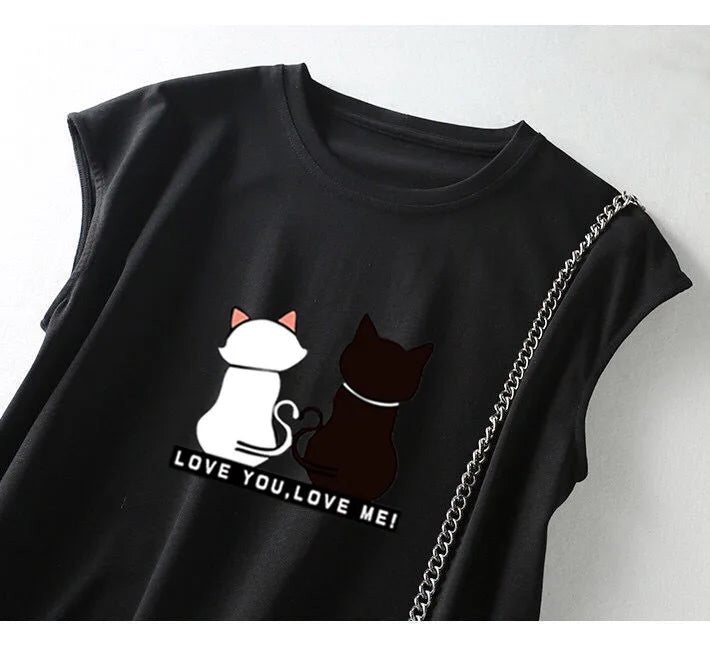 Women Summer Kawaii Cat Print Dress Korean Fashion Aesthetic Clothes Casual Streetwear Black Loose Midi Dresses for Women 2023