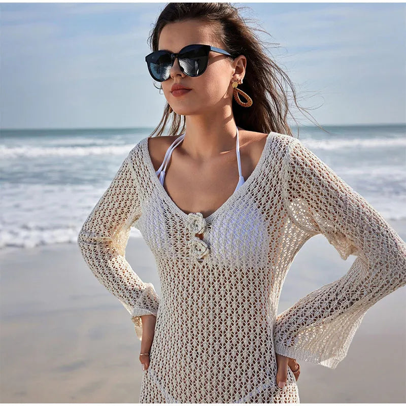 Sexy Hollow Out Knitted Dress Women Metal Ring Long Flare Sleeve Split Solid Maxi Dress Female 2025 V-neck Slim Lady Party Robes