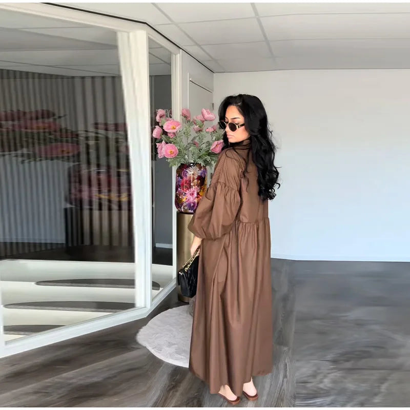 Loose Single Breasted Pleated Long Dress Women Elegant O-neck Lantern Sleeve A-line Party Dresses 2025 Summer Lady Casual Robes