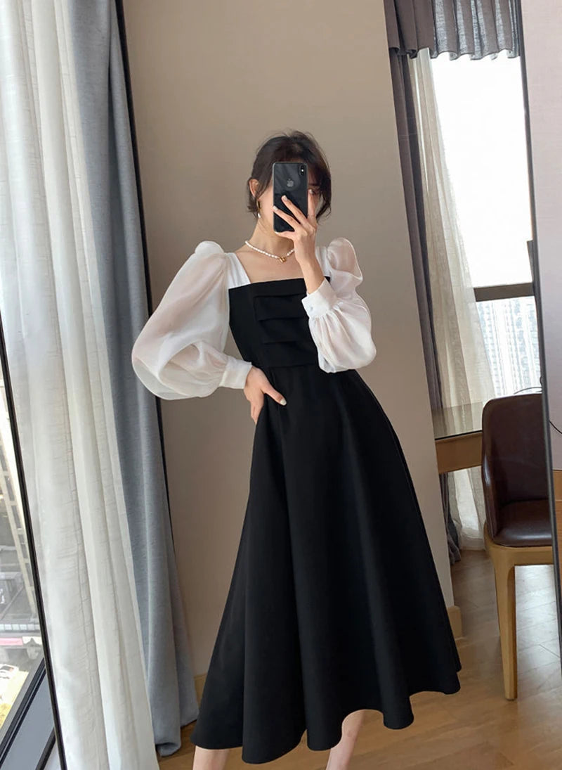 Korean Black Dress Women Elegant Fashion Summer Office Ladies High Waist Dress Chiffon Patchwork Square Collar A Line Vestidos