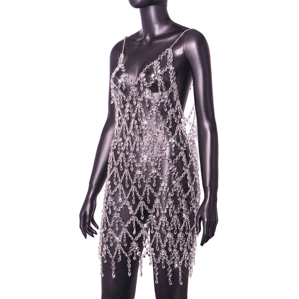 Sexy See Through Rhinestone Dress for Women 2023 Shiny Backless Mini Rave Festival Clothing Party Nightclub Y2k Dress Outfits
