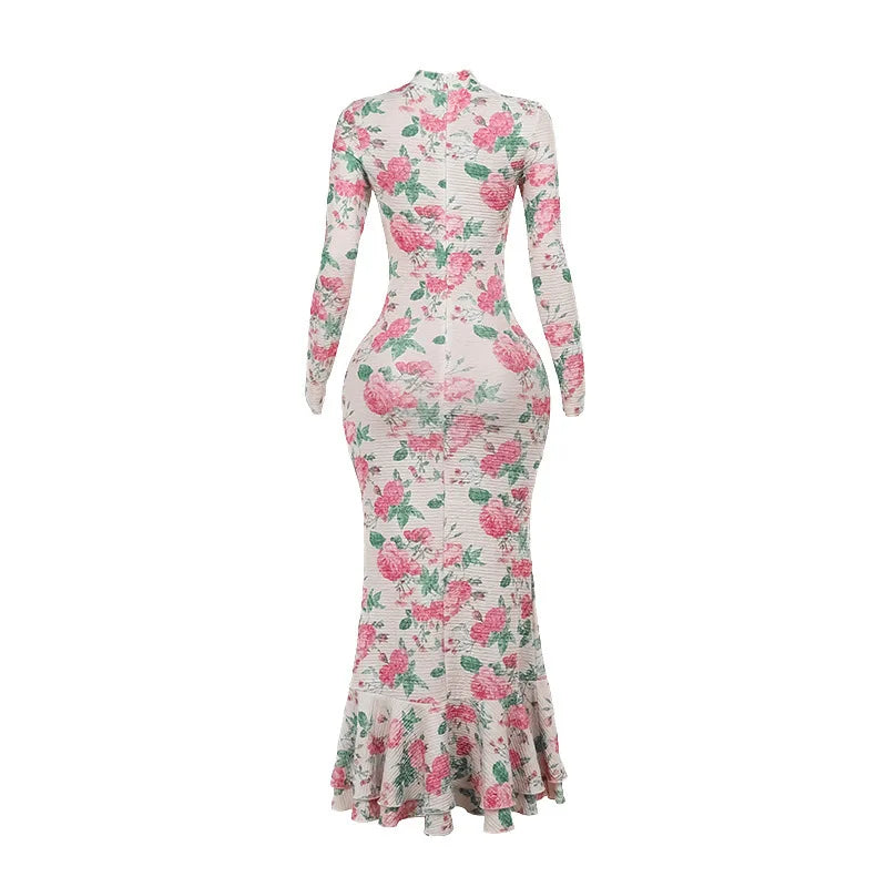 Mozision Bodycon Long Sleeve Half High Collar Print Zipper Elegant Maxi Dress Women Slim High Waist Sexy Dress Ladies Outfits